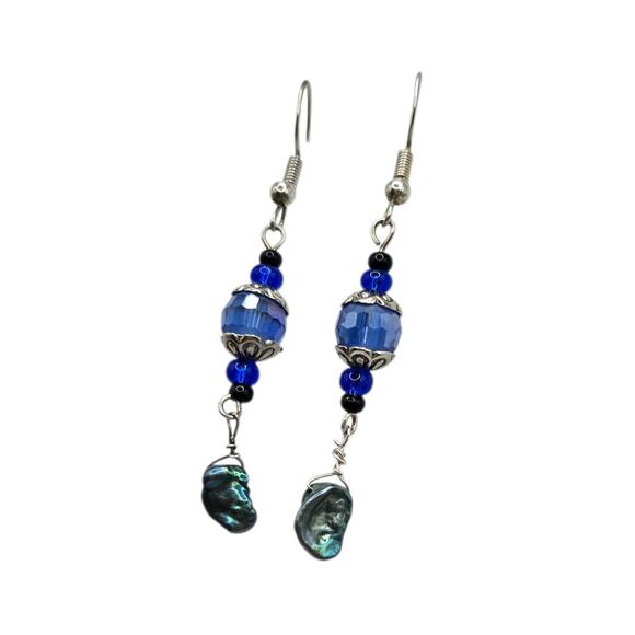 Pierced Earrings Baroque Pearl Sterling Silver Accent Blue Beads Artisan SKU2795 - Picture 2 of 5